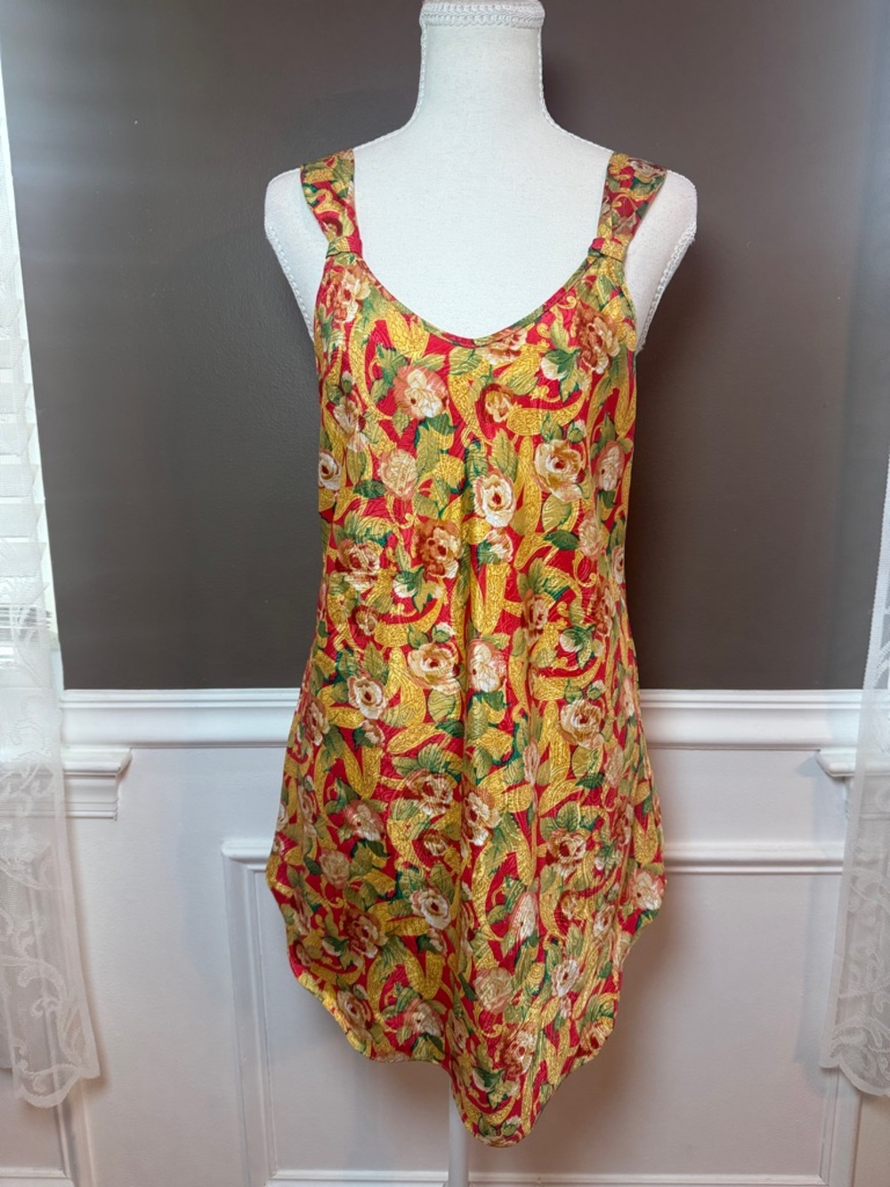 Vintage Violets & Roses Floral Slip Dress Satin Red Gold Small